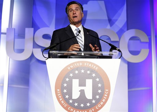 Republican presidential candidate and former Massachusetts Gov. Mitt Romney addresses the U.S. Hispanic Chamber of Commerce in Los Angeles, Monday, Sept. 17, 2012. (AP Photo/Charles Dharapak)