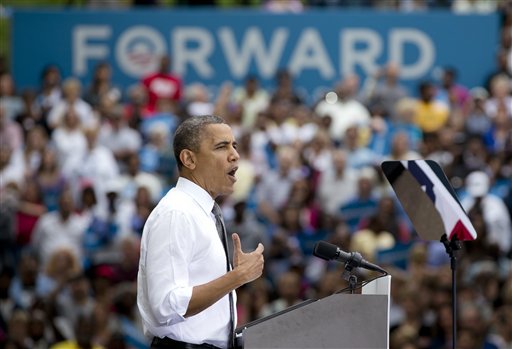 President Barack Obama speaks at a campaign event at Eden Park�s Seasongood Pavilion, Monday, Sept. 17, 2012, in Cincinnati, Ohio. (AP Photo/Carolyn Kaster)