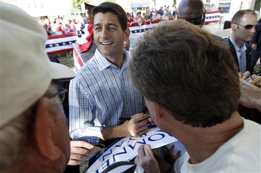 Republican vice presidential candidate, Rep. Paul Ryan, R-Wis. greets supporters during a campaign event at the Dallas County Courthouse, Wednesday, Sept. 5, 2012, in Adel, Iowa. (AP Photo/Mary Altaffer)
