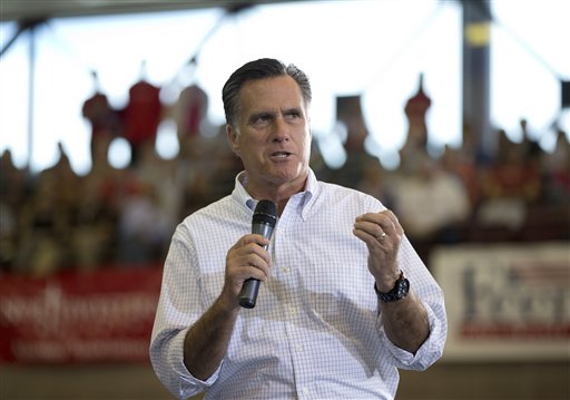 Republican presidential candidate, former Massachusetts Gov. Mitt Romney speaks during a campaign rally, Friday, Sept. 7, 2012, in Orange City, Iowa. (AP Photo/Evan Vucci)