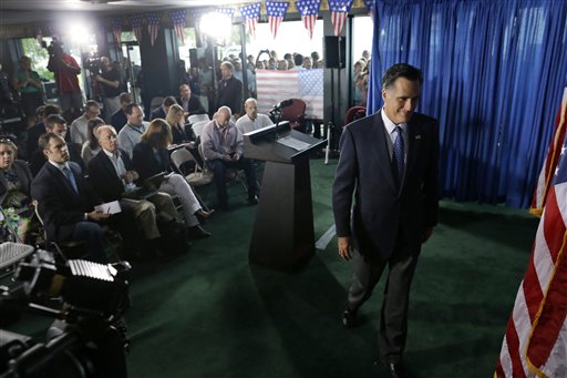 Republican presidential candidate, former Massachusetts Gov. Mitt Romney leaves the podium after making comments on the killing of U.S. embassy officials in Benghazi, Libya, Wednesday, Sept. 12, 2012. in Jacksonville, Fla. (AP Photo/Charles Dharapak)