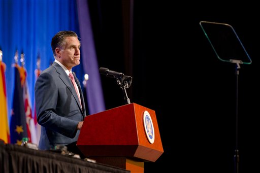 Republican presidential candidate, former Massachusetts Gov. Mitt Romney speaks to members of the National Guard Association Convention in Reno, Nev., Tuesday. The Associated Press photo