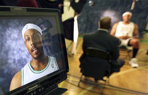 Boston Celtics' Paul Pierce tapes an interview during Celtics NBA basketball media day at their training facility in Waltham, Mass., Friday, Sept. 28, 2012. (AP Photo/Michael Dwyer)