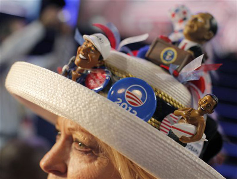 Mississippi delegate Joy Williams from Jackson fashions her hat at the Democratic National Convention in Charlotte, N.C., on Tuesday, Sept. 4, 2012. (AP Photo/Charles Dharapak)