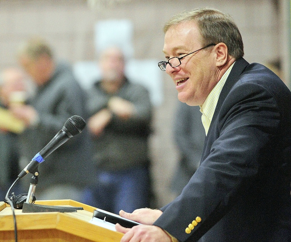 Republican 2nd Congressional District candidate Kevin Raye speaks during the Kennebec County Super Caucus at Farrington School in Augusta last month.