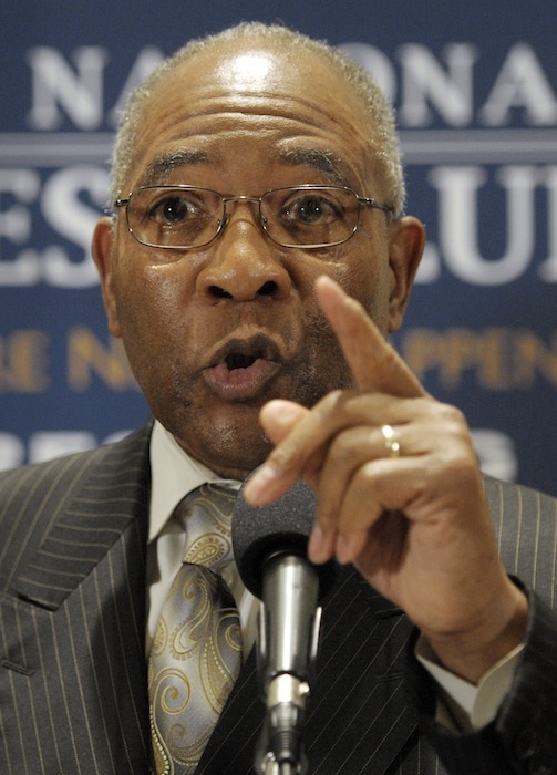 Rev. Dr. Amos Brown, senior pastor of Third Baptist Church, San Francisco, Calif., speaks during an African-American clergy announcement of support for the civil marriage of gay and lesbian couples during a news conference at the National Press Club in Washington, Friday, Sept. 21, 2012. The ministers urged Maryland residents to vote for Question 6 on the November ballot. (AP Photo/Cliff Owen)