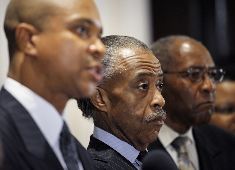 Rev. Delman Coates, senior pastor of Mt. Enon Baptist Church, Clinton, Md., left, Rev. Al Sharpton, president, National Action Network, center, and Rev. Amos Brown, senior pastor of Third Baptist Church, San Francisco, Calif., right, announce their support for the civil marriage of gay and lesbian couples during a news conference at the National Press Club in Washington, Friday, Sept. 21, 2012. The ministers urged Maryland residents to vote for Question 6 on the November ballot. (AP Photo/Cliff Owen)