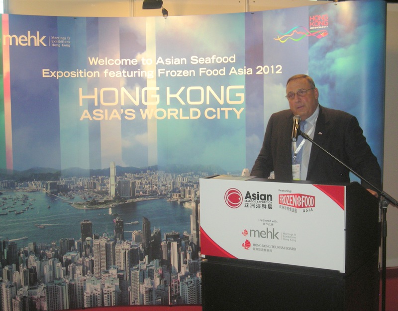 Gov. LePage speaks at the Asian Seafood Exhibition in Hong Kong on Tuesday, Sept. 11 to promote Maine's seafood products.