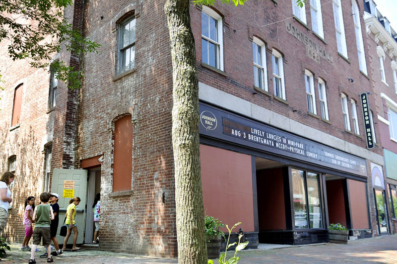 The exterior of Johnson Hall, the historic theater on Water Street in Gardiner.