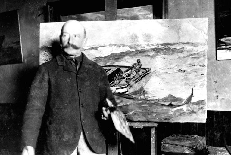 Winslow Homer with "The Gulf Stream," in his painting room at Prouts Neck, in Scarborough, circa 1900.