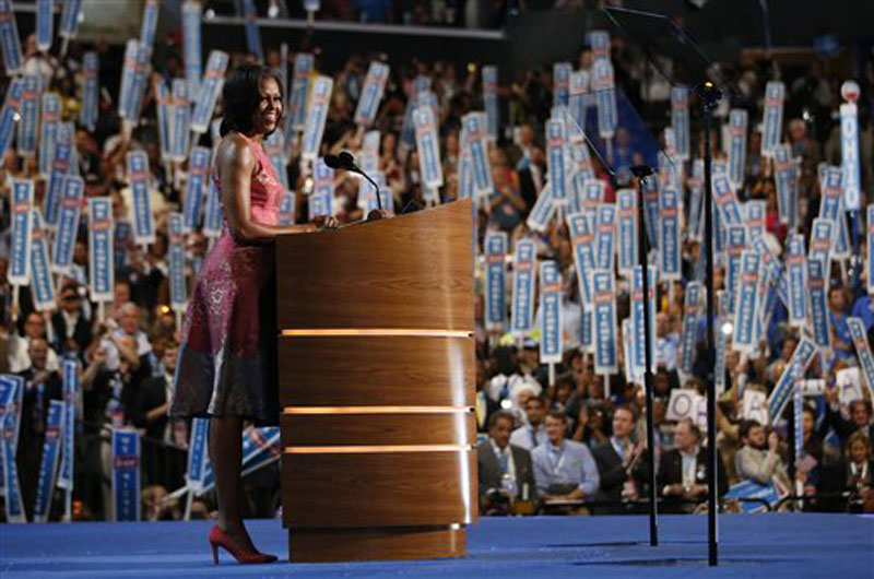 First Lady Michelle Obama addresses the Democratic National Convention in Charlotte, N.C., on Monday, Sept. 3, 2012. (AP Photo/Jae C. Hong)