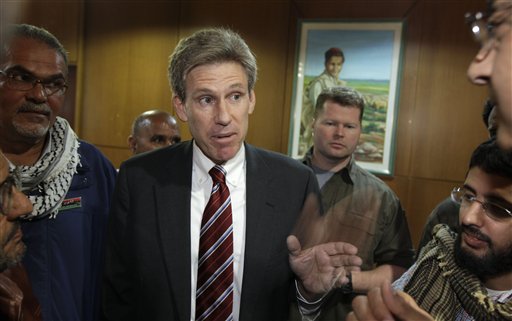 U.S. envoy Chris Stevens in an April 11, 2011, photo. Libyan officials say Stevens and three other Americans have been killed in an attack on the U.S. consulate in the eastern city of Benghazi by protesters angry over a film that ridiculed Islam's Prophet Muhammad.