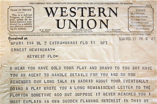 A telegram sent to Ernest Hemingway from American theater producer Jean Dalrymple in 1938, a part of the Hemingway collection at the John F. Kennedy Library and Museum in Boston The Associated Press