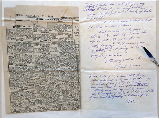 A letter and newspaper clipping sent to Ernest Hemingway from writer Paul Drus in 1938, a part of the Hemingway collection at the John F. Kennedy Library and Museum in Boston, which is being sent out for restoration. The Associated Press photo
