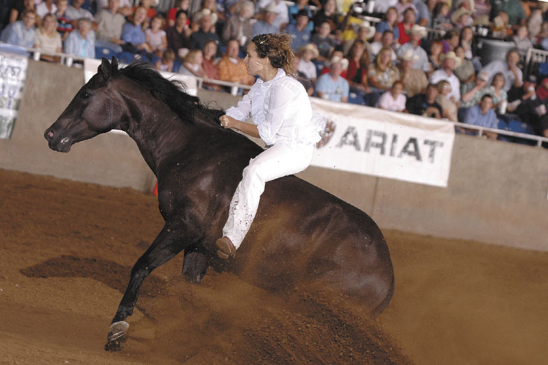 FAMOUS RIDE: Stacy Westfall, who was raised in Palermo and South China, is seen during a bareback bridle-less ride with Whizards Baby Doll — aka Roxy — seen by millions on Internet during a 2006 championship ride at the All American Quarter Horse Freestyle Competition. Westfall, who performed the ride in her memory of her father who died that year, won that competition with a high score of 239 and without using a bridle or a saddle. Ellen DeGeneres invited Westfall onto her TV show and her ride went on YouTube, where it was viewed more than 1 million times.