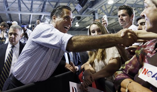 Republican presidential candidate and former Massachusetts Gov. Mitt Romney campaigns at a rally at Darwin Fuchs Pavilion in Miami, Wednesday, Sept. 19, 2012. (AP Photo/Charles Dharapak)