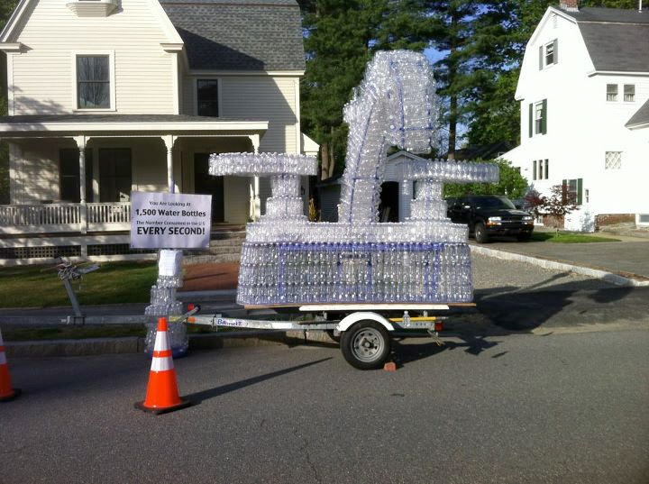 The town of Concord, Mass has banned the sale of plastic water bottles. This photo was taken in April following an Earth Day parade in downtown Concord. The sculpture, made of plastic water bottles, protests their overuse and damage to the environment they cause.