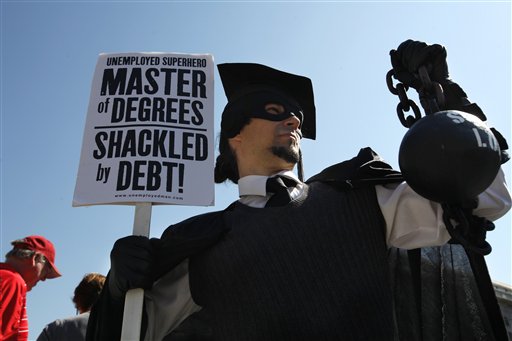 FILE- In this Oct. 6, 2011, file photo, Gan Golan, of Los Angeles, dressed as the "Master of Degrees," holds a ball and chain representing his college loan debt, during Occupy DC activities in Washington. With college enrollment growing, student debt has stretched to a record number of U.S. households - nearly 1 in 5 - with the biggest burdens falling on the young and poor, according to a study based on the Survey of Consumer Finances released Wednesday, Sept. 26, 2012. (AP Photo/Jacquelyn Martin, File)