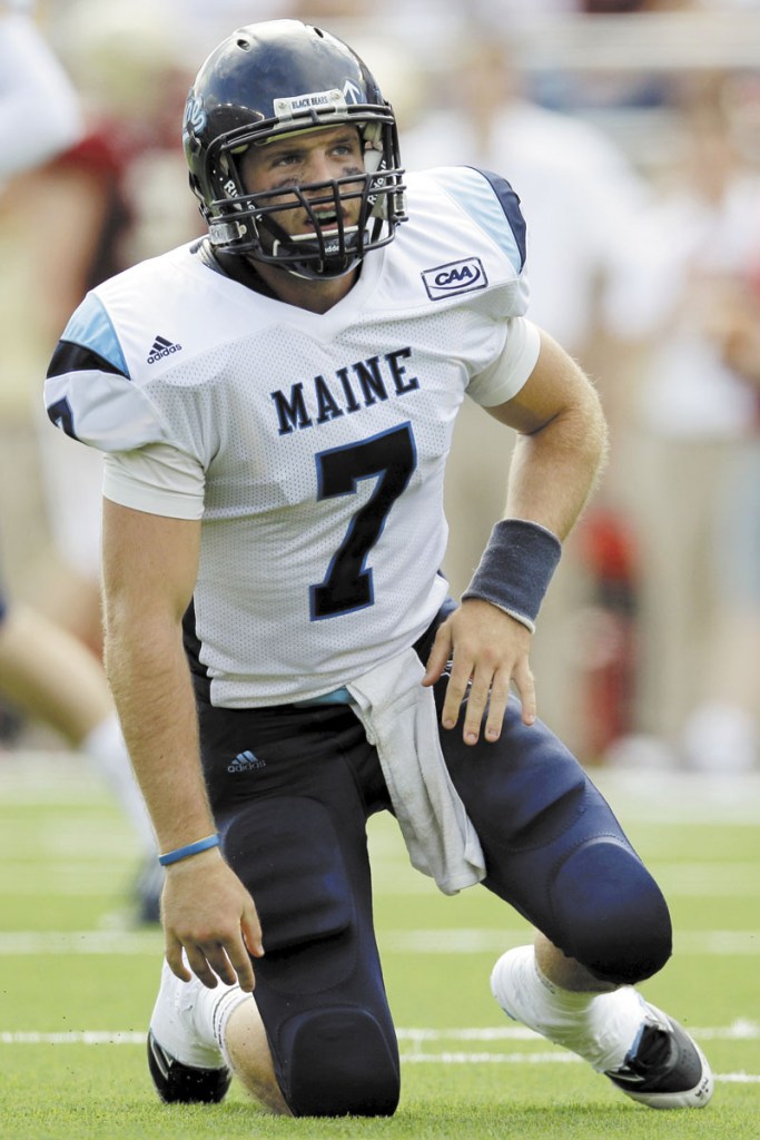 LONG DAY: Maine quarterback Marcus Wasilewski (7) reacts after throwing an incomplete pass during the Black Bears’ 34-3 loss to Boston College on Saturday at Alumni Stadium in Boston.
