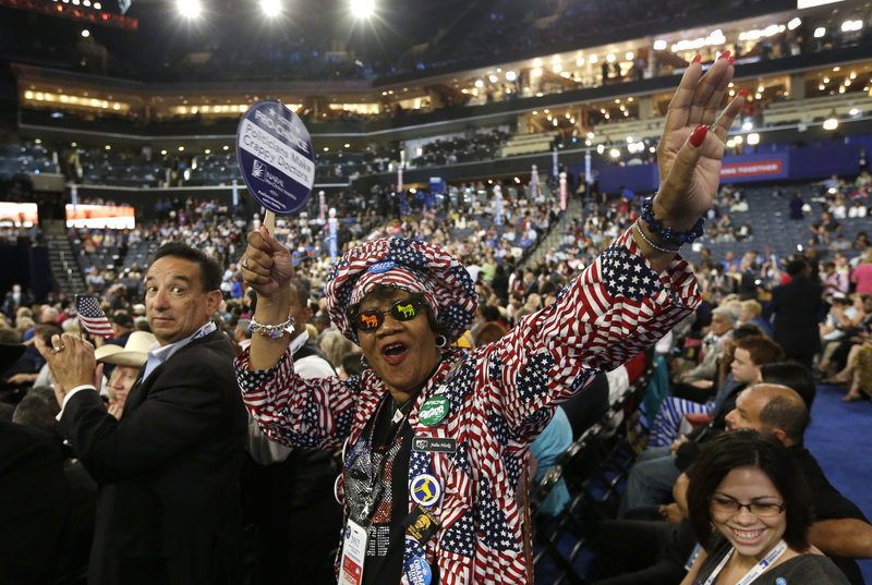 Colorado delegate Julia Hicks cheers at the Democratic National Convention in Charlotte, N.C., on Tuesday. The Democratic platform backs same-sex marriage and abortion rights.