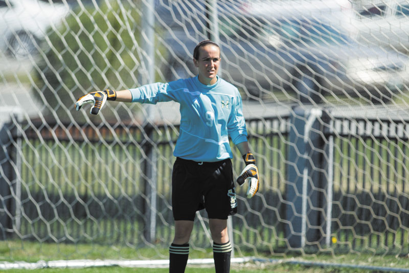 Contributed photo TEAM LEADER: Lawrence High School graduate Jess Poulin is a two-year starter in goal for the Husson women’s soccer team. She also plays for the Husson softball team.