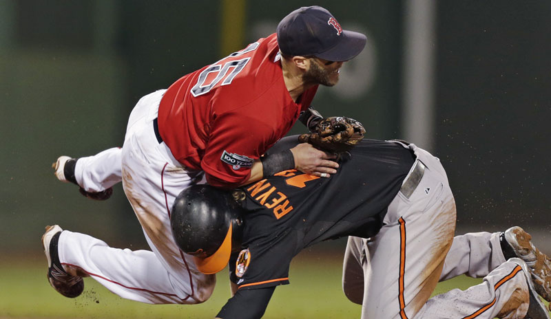 Boston Red Sox second baseman Dustin Pedroia, left, collides with Baltimore Orioles' Mark Reynolds, who is out at second while unsuccessfully trying to break up a double play, during the sixth inning of a baseball game at Fenway Park in Boston, Friday, Sept. 21, 2012. (AP Photo/Charles Krupa)