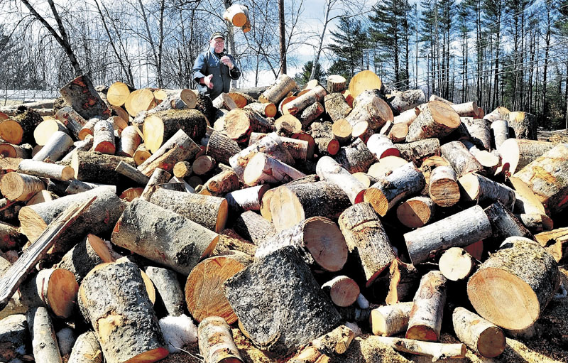 Kenneth Noyes throws a piece of firewood onto the pile after cutting wood for a relative in Madison.