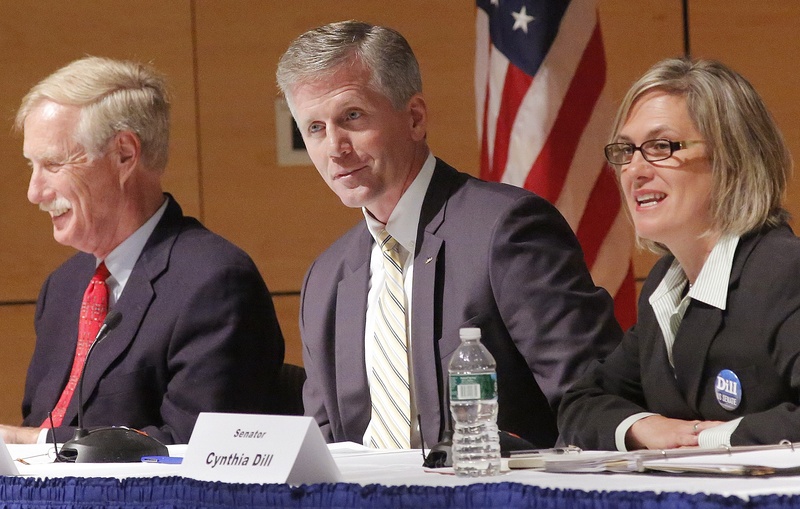 U.S. Senate candidates, from left, independent Angus King, Republican Charlie Summers and Democrat Cynthia Dill, participate in a debate at the University of Southern Maine in Portland on Sept. 13.