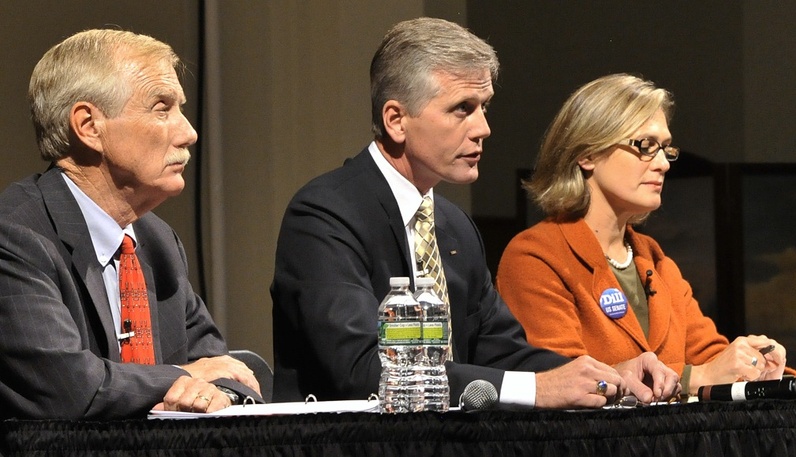 From left, U.S. Senate candidates Angus King, Charlie Summers and Cynthia Dill listen to a question at the Sept. 17 debate.