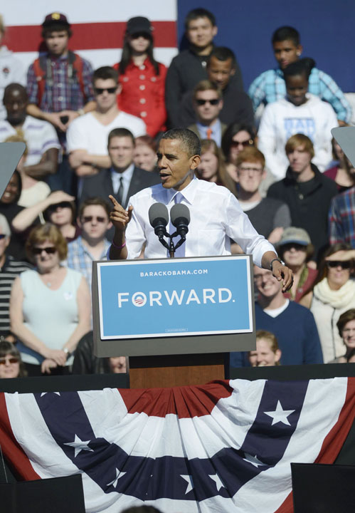 President Barack Obama speaks at Veterans Memorial Park in Manchester, N.H., on Thursday.