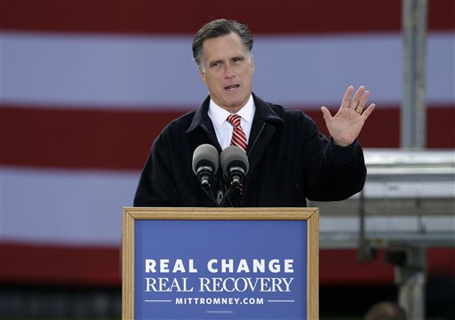 Republican presidential candidate, former Massachusetts Gov. Mitt Romney speaks about the economy during a campaign stop at Kinzler Construction Services, Friday, Oct. 26, 2012, in Ames, Iowa. (AP Photo/Charlie Neibergall)