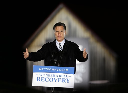 In this Oct. 17, 2012, file photo, Republican presidential candidate, former Massachusetts Gov. Mitt Romney speaks during a campaign event in front of a barn at Ida Lee Park in Leesburg, Va. (AP Photo/Alex Brandon, File)