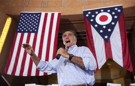 In this Sept. 1, 2012 file photo, Republican presidential candidate, former Massachusetts Gov. Mitt Romney speaks during a campaign rally in Cincinnati, Ohio.