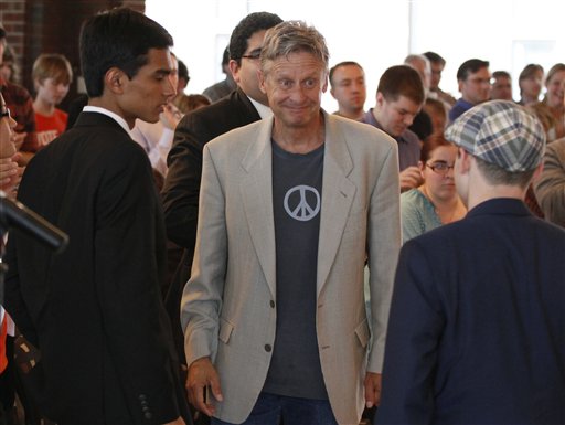 In this Sept. 21, 2012 photo, Libertarian Party presidential nominee Gary Johnson, right, greets students at Macalester College in St. Paul, Minn. Third-party candidates Johnson and Virgil Goode are blips in the presidential race. They have little money, aren't on stage for presidential debates and barely register in the polls _ when survey takers even bother to list them as options.(AP Photo/Jim Mone, File)