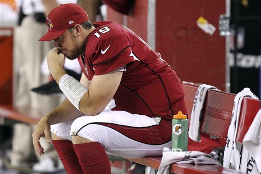 Arizona Cardinals quarterback John Skelton sits on the bench during the second half of an NFL football game against the San Francisco 49ers, Monday, Oct. 29, 2012, in Glendale, Ariz. The 49ers won 24-3. (AP Photo/Paul Connors) NFLACTION12;