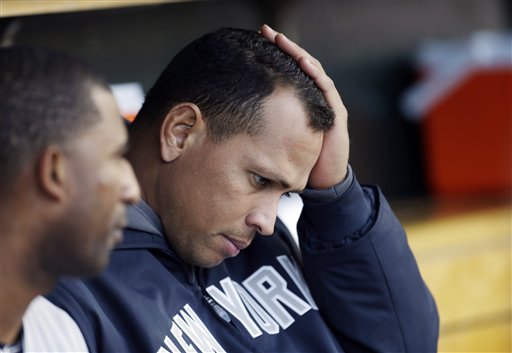New York Yankees' Alex Rodriguez sits on the bench during Game 4 of the American League championship series against the Detroit Tigers on Thursday in Detroit.