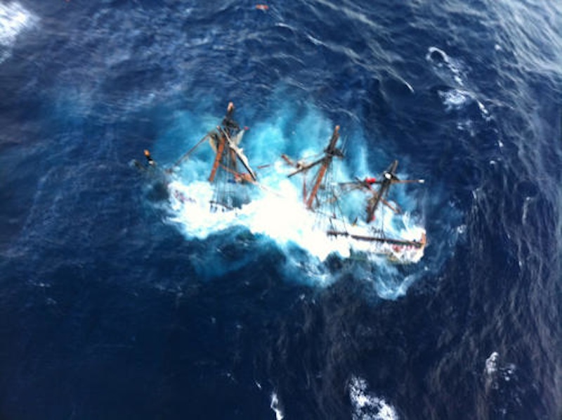 The HMS Bounty, a 180-foot sailboat, is shown submerged in the Atlantic Ocean during Hurricane Sandy approximately 90 miles southeast of Hatteras, N.C., Monday, Oct. 29, 2012. Of the 16-person crew, the Coast Guard rescued 14. One died and one is missing. ship vessel sailboat rescue submerge sunk sank Atlantic Ocean USCG U.S. Coast Guard Coast Guard Air Station Elizabeth City NC N.C. North Carolina Hatteras save Hurricane Sandy