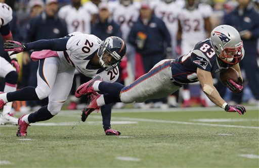 New England Patriots wide receiver Wes Welker (83) stretches for extra yardage as he is tackled by Denver Broncos strong safety Mike Adams (20) during an NFL football game at Gillette Stadium in Foxborough, Mass., Sunday Oct. 7, 2012. (AP Photo/Elise Amendola)