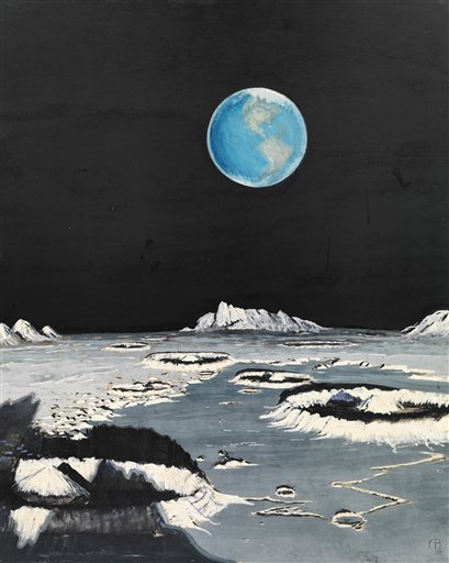 This 1969 illustration provided by National Geographic via Christie's Auction House is entitled "A Blue Globe Hanging in Space –The Earth As Seen From The Moon," by Charles Bittinger.