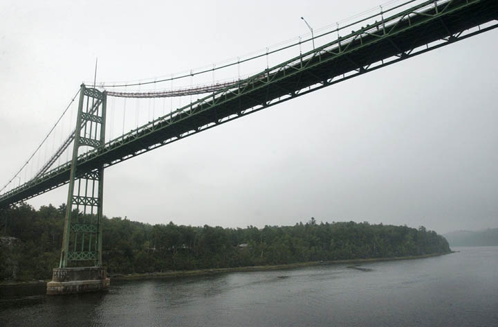 The Waldo-Hancock Bridge spanning the Penobscot River at Prospect and Verona Island, in a 2003 photo. The bridge, designed by renowned engineer David B. Steinman, is one of 50 suspension bridges in the U.S.