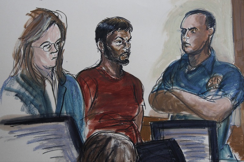 This courtroom sketch shows Quazi Mohammad Rezwanul Ahsan Nafis, 21, center, and his attorney Heidi Cesare, left, in Brooklyn Federal Court Wednesday, Oct. 17, 2012, in New York. Quazi Mohammad Rezwanul Ahsan Nafis, 21, was arrested in a sting operation Wednesday morning after he parked a van filled with what he believed were explosives outside the building and tried to detonate it in a suicide mission, authorities said. (AP Photo/Elizabeth Williams)