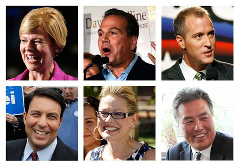 This combination of 2009-2012 file photos shows, top row from left; Wisconsin Democratic Senate candidate, Rep. Tammy Baldwin; Rep. David Cicilline, D-R.I. New York Democratic Rep. candidate Sean Patrick Maloney; bottom row from left; Republican U.S. House candidate Richard Tisei of Massachussets; former Arizona state Sen. Kyrsten Sinema and Congressional candidate Mark Takano of California. Of the four openly gay members of Congress, the two longest-serving stalwarts are vacating their seats. Instead of fretting, their activist admirers are excited about a record number of gays vying in 2012 to win seats in the next Congress - and to make history in the process. (AP Photo)