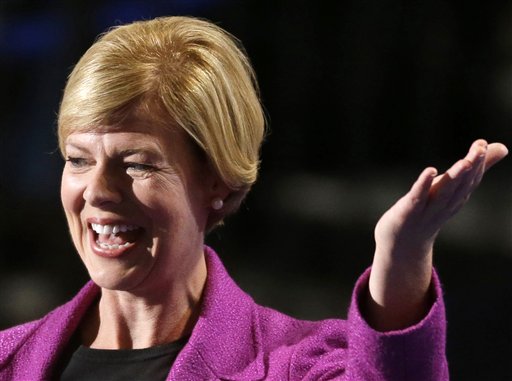 Wisconsin Democratic Senate candidate, Rep. Tammy Baldwin waves at the Democratic National Convention in Charlotte, N.C., in this Sept. 6, 2012, photo.