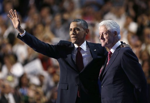 President Barack Obama embraces former President Bill Clinton at the Democratic National Convention in this Sept. 5, 2012, photo.