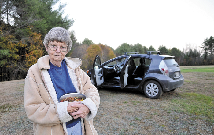 Priscilla Ormsby holds a bowl of dog food next to her car, behind Sunshine Pools on Beglrade Road in Sidney, as she looks for her missing yellow Labrador, Rebel. Ormsby has slept in her car for the past four nights in this field, hoping her dog will return safely.