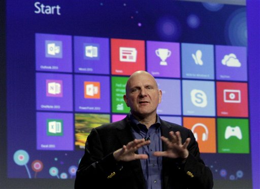Microsoft CEO Steve Ballmer speaks at the launch of Microsoft Windows 8 Thursday in New York. Windows 8 is the most dramatic overhaul of the personal computer market's dominant operating system in 17 years.