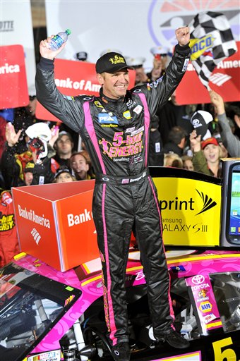 Clint Bowyer celebrates his win in Victory Lane after the NASCAR Sprint Cup Series auto race at Charlotte Motor Speedway, Saturday, Oct. 13, 2012, in Concord, N.C. (AP Photo/Autostock, Nigel Kinrade) MANDATORY CREDIT 2012;Bank of America 500;NASCAR;Race;Charlotte Motor Speedway;October;Sprint Cup Series;Concord;North Carolina;Autostock;Chase