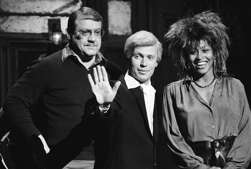 A 1985 photo of a "Saturday Night Live" rehearsal with host Alex Karras, left, Billy Crystal, in character as "Fernando," and musical guest Tina Turner.