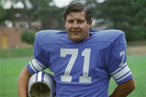 A 1971 photo of Detroit Lions football player Alex Karras, who died at home in Los Angeles on Wednesday surrounded by family.