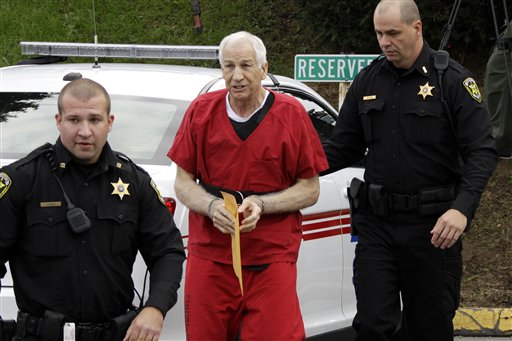 Former Penn State University assistant football coach Jerry Sandusky arrives for sentencing on child sex abuse charges at the Centre County Courthouse in Bellefonte, Pa., on Tuesday.